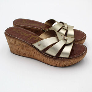 Sam Edelman Wedge Sandals Womens 7.5 Gold Metallic Cork Platform Slip On Shoes